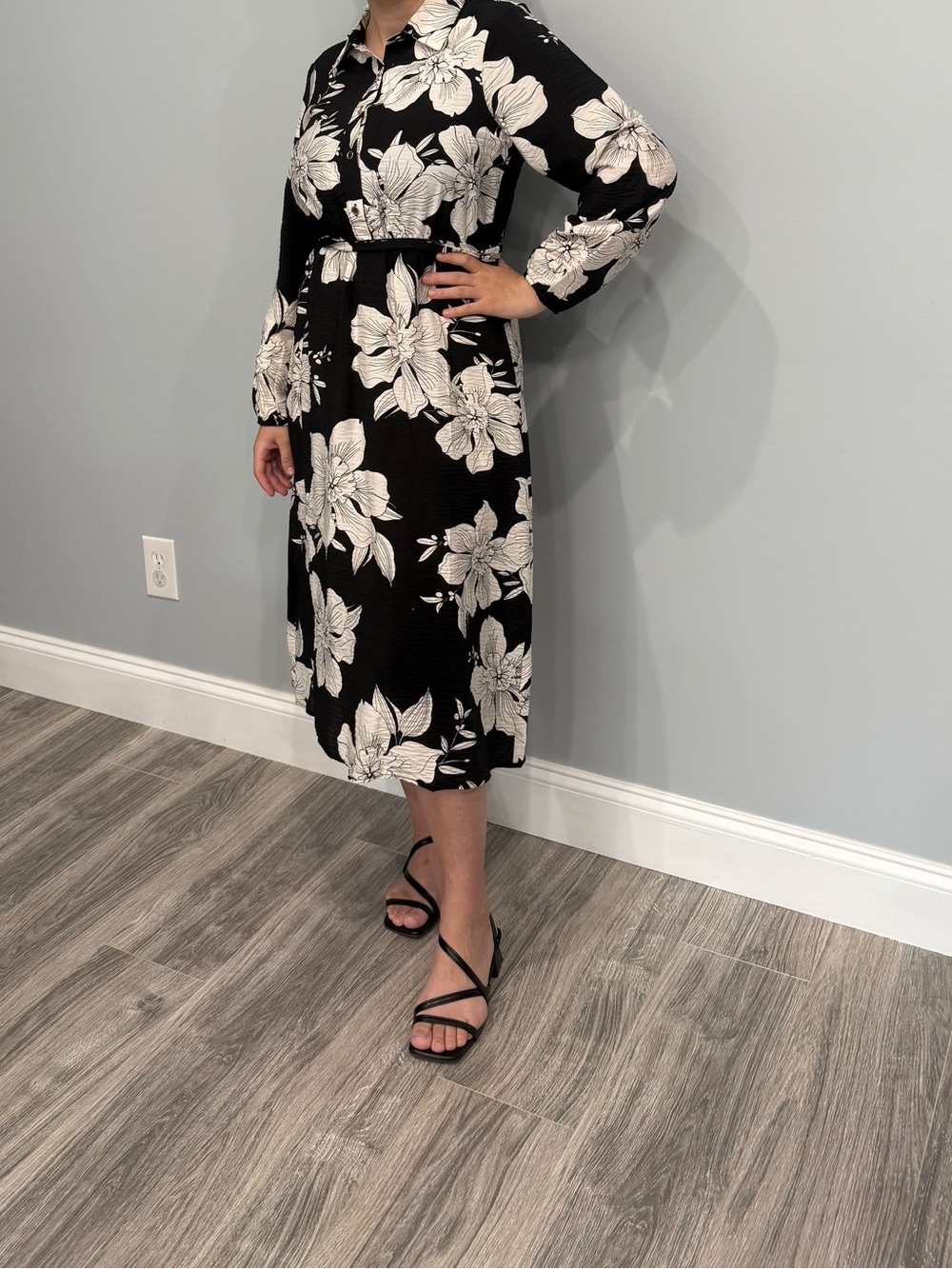 Luxology Black Midi Dress with White Floral Print